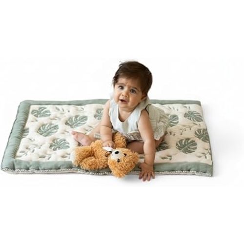 Organic Baby Changing Mat 20x33 Inch – OCS Certified Turkish Cotton Quilted Diaper Pad – Reversible, Soft, Washable Portable Mat for Newborn Travel – Monstera Leaf Green Beige