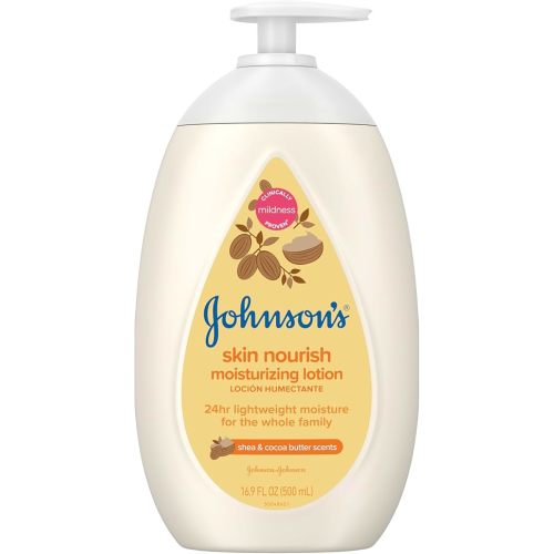 Johnson's Skin Nourish Moisturizing Baby Lotion for Dry Skin with Shea & Cocoa Butter Scents, Gentle & Lightweight Body Lotion for The Whole Family, Hypoallergenic, Dye-Free, 16.9 fl. oz