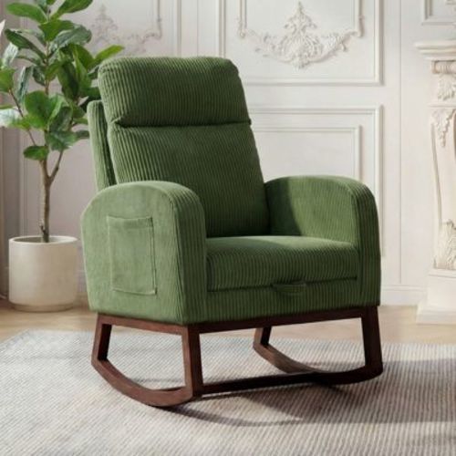 Comfort Upholstered Rocking Chair for Dining and Lounge – Adjustable Footrest, High Backrest, Solidified Wood Base, Corduroy | Green