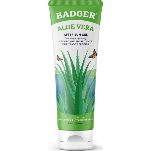 Badger Organic Aloe Vera Gel, Cooling, Fair Trade, Face & Body, 4 fl oz | 96% Pure, Unscented, Cooling Soothing Sunburn Relief, Vegan Fair Trade Hypoallergenic, Aloe vera gel for skin