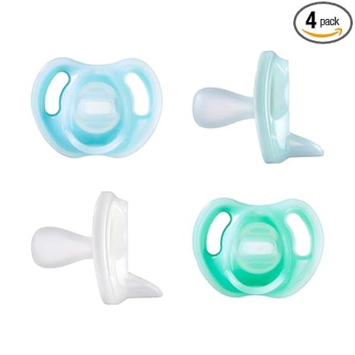 Tommee Tippee Ultra-Light Silicone Pacifier, 0-6 Months, Symmetrical One-Piece Design, BPA-Free Silicone Binkies, Blue/Green/Clear, Pack of 4