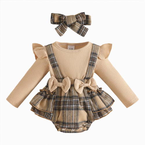 MYShe Girls Clothes Newborn Baby Girl Clothes Romper Suspender Dress Fall Winter Outfits Ruffle Long Sleeve Jumpsuit Khaki,0-3 Months