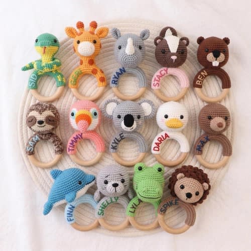 Personalized Crochet Animal Rattle: Embroidered Newborn & Baby Shower Gift in Eco Beechwood