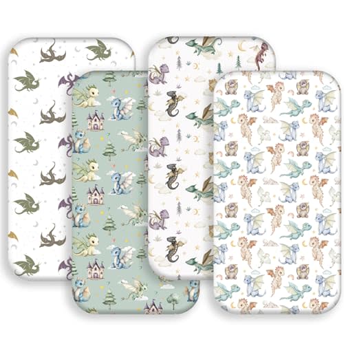 4 Pack Dragon Crib Sheets Neutral Unisex Fitted Nursery Baby Sheet Set Toddler Mattress Newborn Bedding Sheets for Baby Boys or Girls (Bassinet)