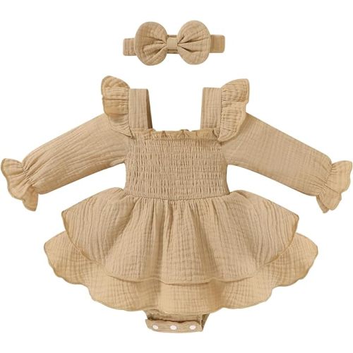 YOUNGER TREE Baby Girl Fall Clothes Infant Long Sleeve Ruffle Romper Dress with Headband Cute Toddler Winter Outfits