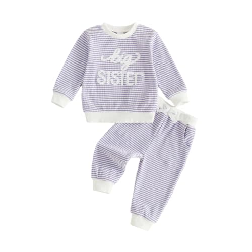 Toddler Baby Girl Fall Outfit Set Tops Pants Cute Infant Waffle Clothes | Long Sleeve Crew Neck Big Sister Sis Embroidery Sweatshirt Stripe Matching Clothing