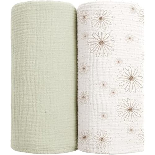 lulumoon Muslin Swaddle Blankets for Baby: Cotton & Soft Receiving Blanket for Newborn with Flower Printed- Neutral Gift for Baby Shower 2pack(GreenDaisy)
