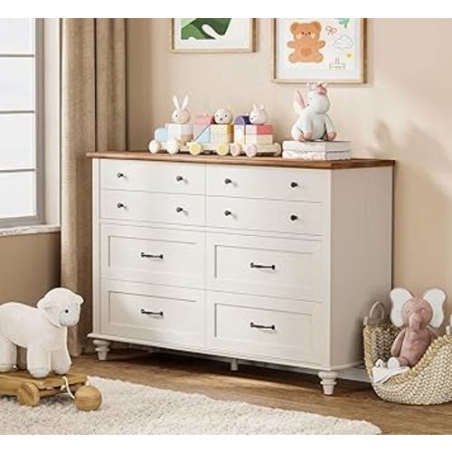 WAMPAT Kids Dresser for Nursery with 8 Drawers, Off White Baby Dresser for Kids Room, Wide Wooden Chests & Dressers for Bedroom, Distressed Mid Centuy Storage Organizer for Child’s Room, 54 Inch