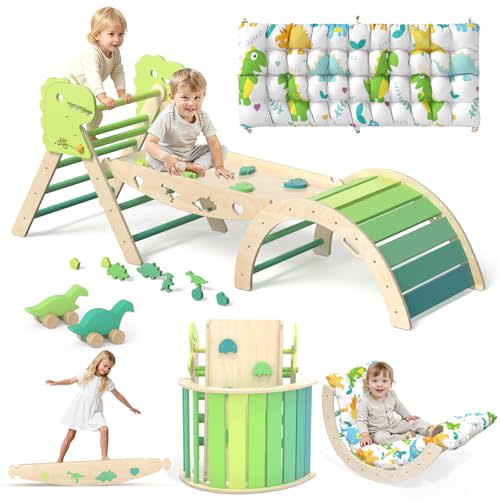 Pikler Triangle Set with Cushion 9 in 1 Climbing Toys for Toddlers 1-3 Indoor Baby Climbing Gym Toddler Montessori Toys Wooden Toy with Maze Toy, Shape Sorter, Dinosaur Car