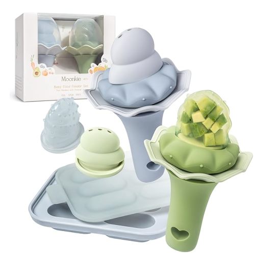 Moonkie Baby Fruit Feeder with Freezer Tray, BPA Free Silicone Food Feeder for Infant Self Feeding, Breastmilk Popsicle Molds, Mesh Feeder with Two Pouches, Baby Shower Gifts 4 Months+, 2 Pack