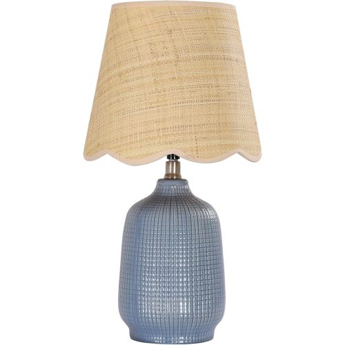 19" Boho Ceramic Table Lamp, Handmade Ceramic Base with Rattan Shade, Farmhouse Plug-in Bedside Nightstand Lamps for Bedroom, Living Room, E26 Socket, Navy Blue