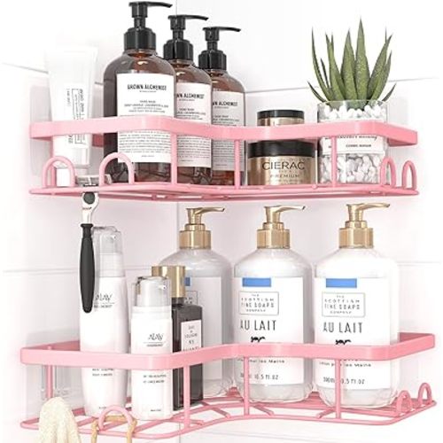 Corner Shower Caddy - 2 Pack, Adhesive Shower Organizers, Rustproof Stainless Steel Shower Shelves with 8 Hooks, No Drilling Bathroom Organizers and Storage Racks, Space-Saving, Pink, Medium
