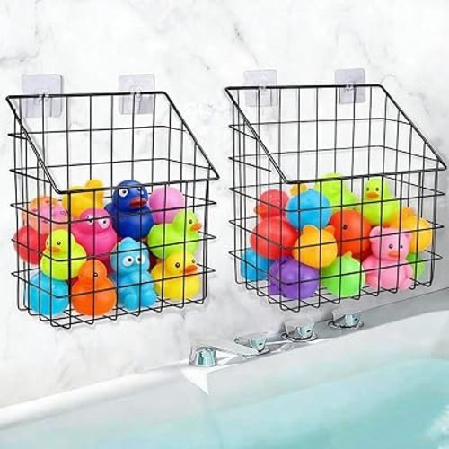 2 Pack Bath Tub Toy Storage Organizer Basket, Rustproof Black Iron Holder with Hook&Drainage, Large Capacity Metal Shower Caddy for Shampoo, Bathroom Bedroom, 3-Way Mount (Wall, Hanging, Stand)