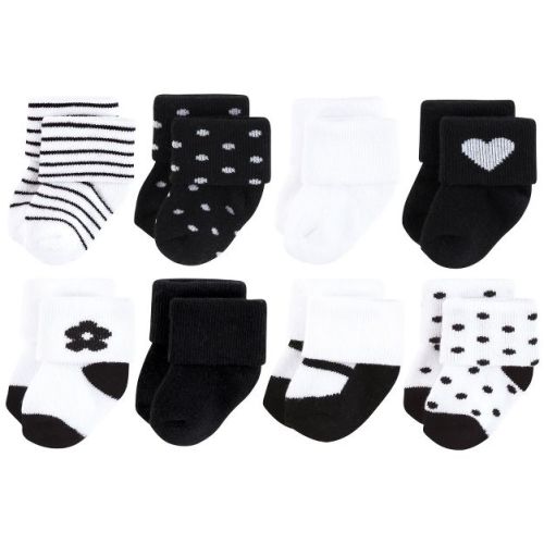 Hudson Baby Infant Girls Cotton Rich Newborn and Terry Socks 8-Pack, Black Flower, 0-6 Months