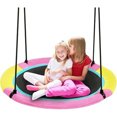 HOTJUMP 40 Inch Saucer Tree Swing for Kids Outdoor, Textilene Fabric Tear & UV Resistant Waterproof, Round Disc Circle Swing Set for Backyard Garden, Pink