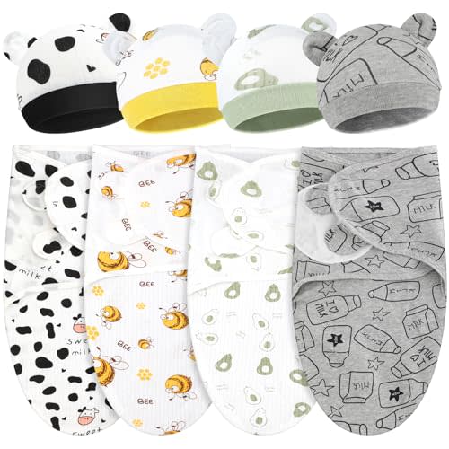 Buryeah 4 Pack Preemie Swaddle Blankets with Hats, Preemie, Animal, White | Cotton Newborn Swaddles with Hat, Adjustable Fit 3-7 Lbs NICU Premature Boys Girl, Breathable , Prevents Startle Reflex