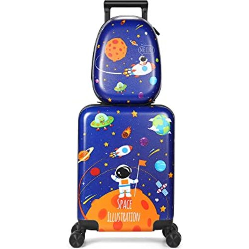 Weewooday Kids Luggage and Backpack 18" Suitcase with Spinner Wheel Hard Case Travel 13" Backpack Girl Suitcase Set for Kids Travel Supplies(Blue,Spaceman Style)