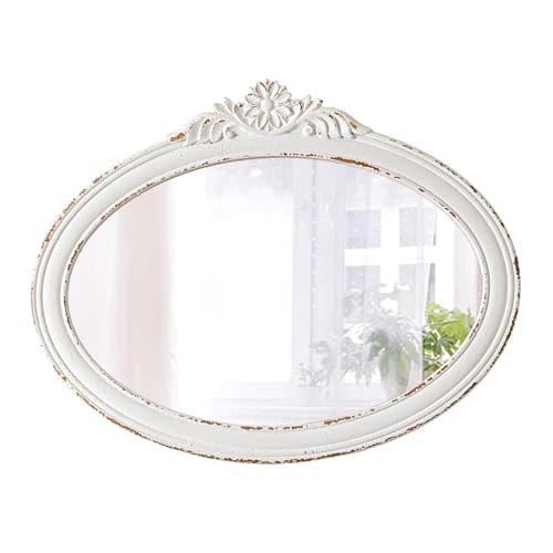 Rustic Oval Mirrors for Wall 18 X 24 Inch, Hanging Distressed White Oval Mirror Bathroom, Wooden Framed Farmhouse Mirrors for Wall Decor, Vintage Mirror with Carved Flower for Entryway