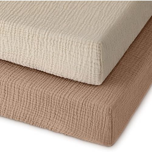 100% Cotton Mini Crib Sheets 2 Pack, Stretchy Playard Sheet, Soft and Breathable Beige & Brown