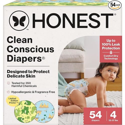 The Honest Company Clean Conscious Diapers®, Up to 100% Leak Protection, Designed to Protect Delicate Skin, Hypoallergenic + Fragrance-Free, UR Ribbiting + Waddle It Be, Club Box, Size 4, 54 Count