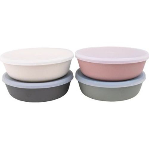 WeeSprout Bamboo Kids Bowls with Lids - 15 oz, Set of 4 (Pink, Green, Gray, & Beige)
