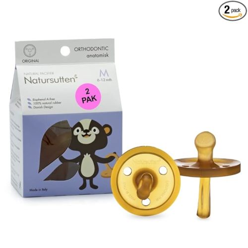 Natursutten 2-Pack Natural Rubber Pacifiers - Safe & Soft BPA-Free Pacifier for Breastfeeding Babies, Made in Italy, Butterfly Shield Orthodontic Nipple, 6-12 Months