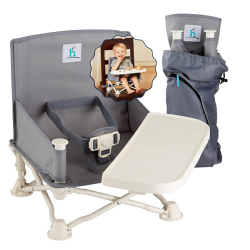 Hiccapop OmniBoost Travel Booster Seat with Tray for Baby, Dining Table, Camping, Beach, Grandma’s | Folding Portable Tip-Free Design Straps to Kitchen Chairs