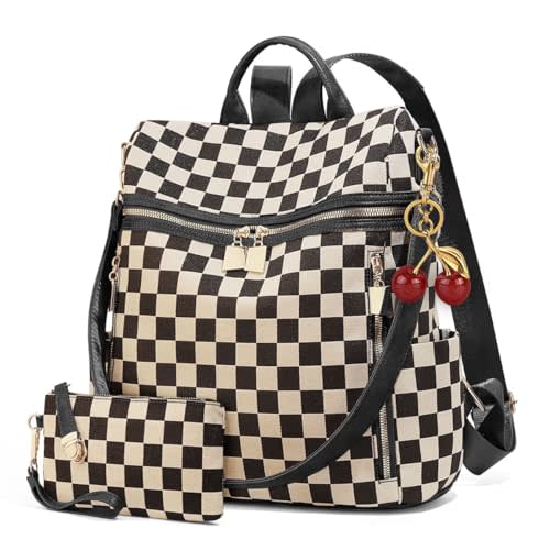 Checkered Backpack Purse - Checkered Bags for Women Plaid Backpack Handbags Back Pack Purse for Work (Black)