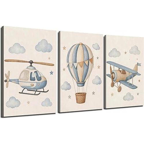 TYPTEK Nursery Wall Art Decor Set of 3,Vintage Aviation Whimsical & Educational Canvas Prints for Kids Room Playroom Baby Bedroom, Framed Ready to Hang,16x12 Inch
