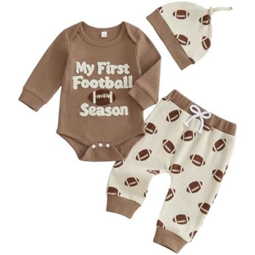 Newborn Baby Boy Clothes Football Outfits Embroidered Waffle Long Sleeve Romper Pants Hat Fall Winter 3 Piece Set