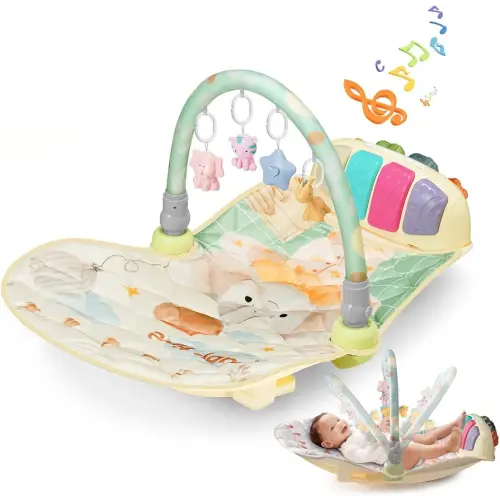Baby Play Gym Mat with Multifunction Piano Music Box, Rocking Egg-Shaped Baby Activity Gym, Baby mat for floor with 4 Hanging Sensory Baby Toys, Early Sensory Development Play Mat for Infant & Newborn