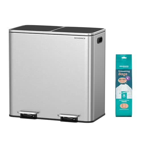 SONGMICS Trash Can, 2 x 10.6 Gallon (2 x 40 L) Garbage Can for Kitchen, with 15 Trash Bags, 2 Compartments, Plastic Inner Buckets and Hinged Lids, Airtight, Silver and Black ULTB730E80