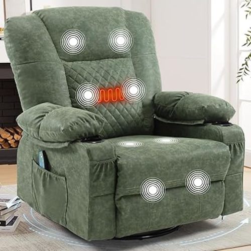 Rocking Recliner Chair with Heat and Massage, Overstuffed PU Leather Recliners for Living Room, Modern Single Rocking Chair for Adults, Manual Swivel Rocker Recliner with Cup Holders,Light Green