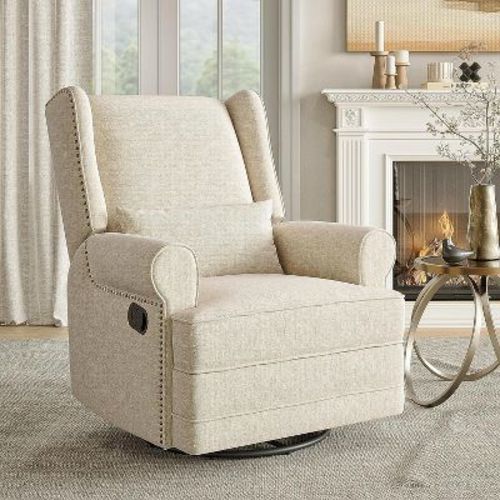 Heynemo Swivel Nursery Glider Recliner, Comfy Upholstered Glider Chair with Lumbar Pillow and Footrest, Beige Set of 1