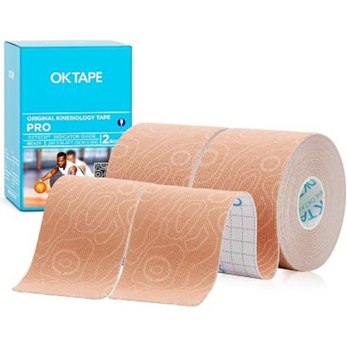 OK TAPE PRO Kinesiology Tape, 2inch x Long Roll 16ft Free Cut Tape, Elastic Athletic Tape Therapeutic Latex Free, 2 Rolls Beige+Beige