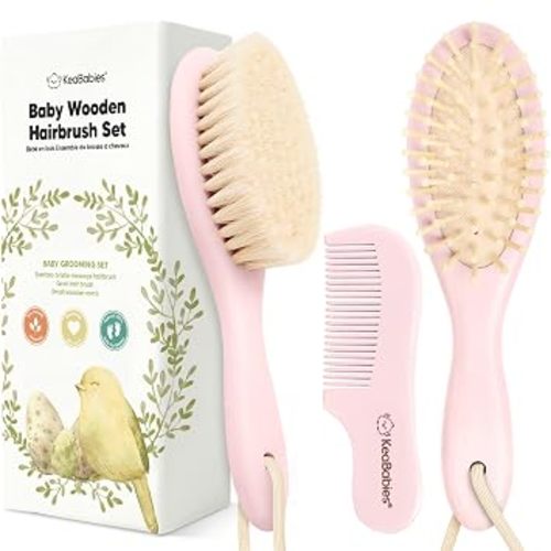 Wooden Baby Hair Brush Set for Newborns, Toddler Comb (Blush, Regular) | Soft Goat Bristle, Baby Brush and Comb Set, Infant Grooming Kit, Cradle Cap Care, Durable & Gentle, Boy, Girl Bath Essential