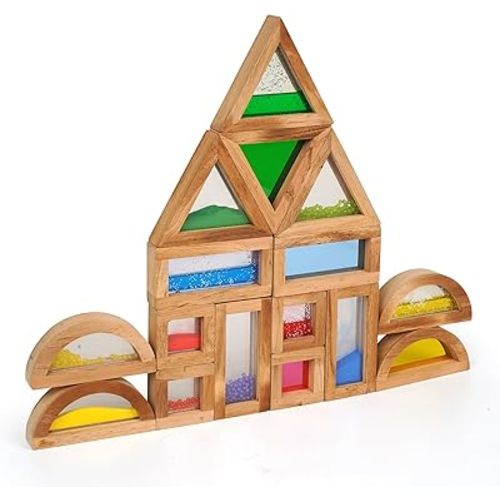 AXEARTE Large Rainbow Wooden Building Blocks for Toddlers Baby Kids, 16 Pcs Colorful Geometry Stacking Construction Toy Set Sensory Toys, Preschool Educational Toy for Boys & Girls