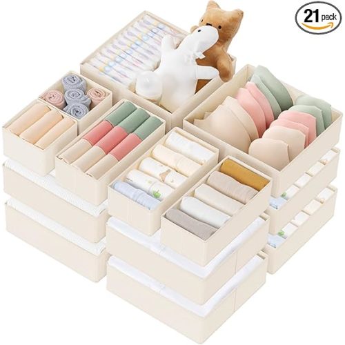 Criusia Drawer Organizer Clothes, 21 Pack Dresser Organizer for Baby Clothes, Underwear, Sock - Foldable Closet Organization and Storage Dividers Bins for Nursery, Bedroom (Beige)
