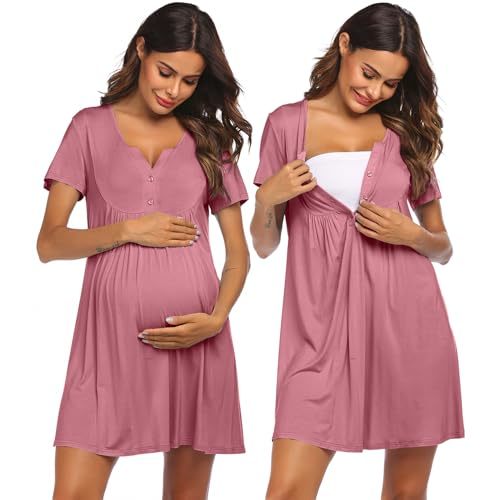 Ekouaer Labor and Delivery Gown Maternity Nursing Nightgown Breastfeeding | Soft Lightweight Fabric, Button Up Birthing Nightdress, Short Pregnancy Night Gown, Casual Postpartum Sleepwear