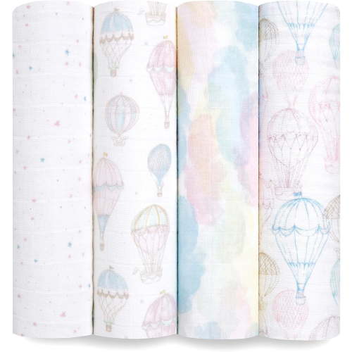 aden + anais Organic Cotton Muslin Swaddle Blanket, Pink Above the Clouds, Unisex, 4-Pack