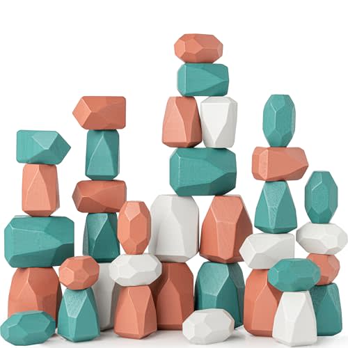 Comfy Cubs Stacking Rocks 36 Pieces, 36 Months+, Educational Toddler Stacking Blocks, Promotes Imagination, Balance & Fine Motor Skills - Wooden Rocks Sensory Toys Gift for Kid, Dino Pack