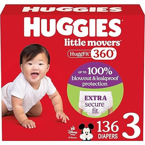 Huggies Size 3 Baby Diapers, Little Movers HuggFit 360° Baby Diapers with 360° Waistband, Size 3 (16-28 lbs), 136 Count, Packaging May Vary