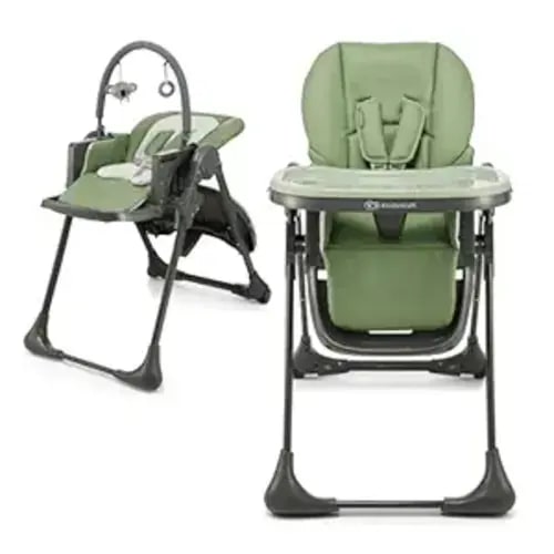 Kinderkraft Tummie, 2-in-1 high Chair, Baby Chair, Ergonomic, Comfortable, Reclining, Foldable, with Ajustable Height, Footrest, Detachable Tray, for Toddler, with Toys, Green