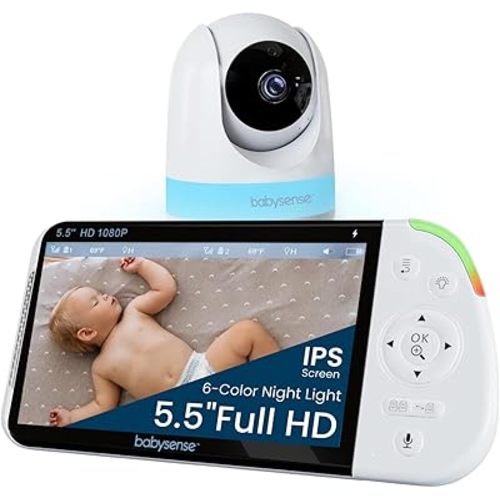 Babysense Full HD 5.5" Split Screen Baby Monitor with Camera and Audio, 6-Color Night Light, White Noise, Sound & Light Machine, 20-Hour Battery, Hack-Proof Non-WiFi Secure Connection