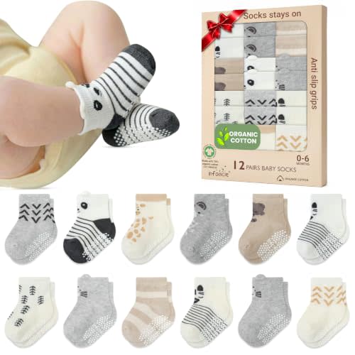 GOTS Organic Cotton Blend 12 Baby Boy Socks 0-6 M Registry & Shower Gift | Oeko-Tex Certified, Baby Socks, 12 Pairs, Baby Socks Boy, Boys Cotton Socks, Brown Animal Design, For Baby Boys, 0-6 Mont