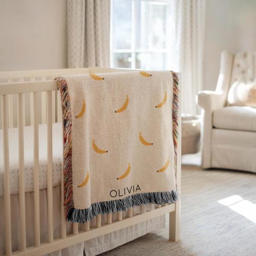 Personalized Banana Baby Blanket, Custom Name Fruit Print Throw, Cute Yellow Banana Nursery Bedding, Cozy Tropical Style Blanket