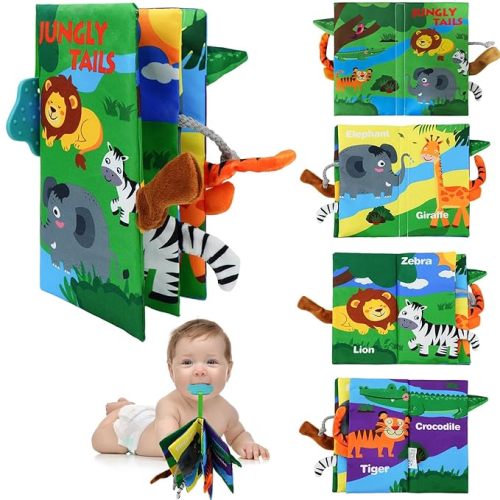Baby Books Toys 0-12 Months with Teether,Tummy Time Crinkle Sensory Toys,High Contrast Touch & Feel Soft Book, Early Learning Infant Toys,Shower Gift for Boys Girls (Jungle Animal)