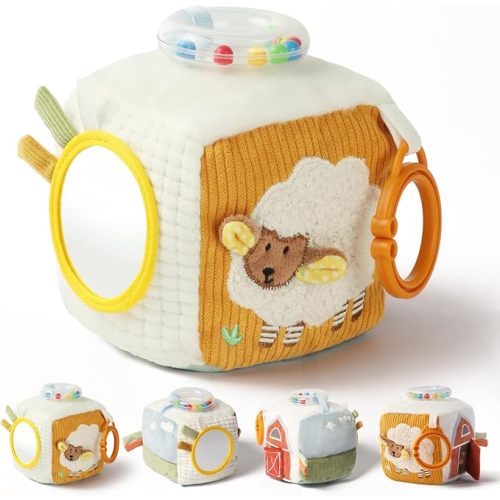 let's make Baby Tissue Box Toy, Farm Montessori Sensory Toys 6-12 Months, Play Silks & Crinkle Tissues with 3D Corduroy, Mirror, Squeaky Cow & Travel Clip - Fine Motor Skills Baby Girl Boy Gifts