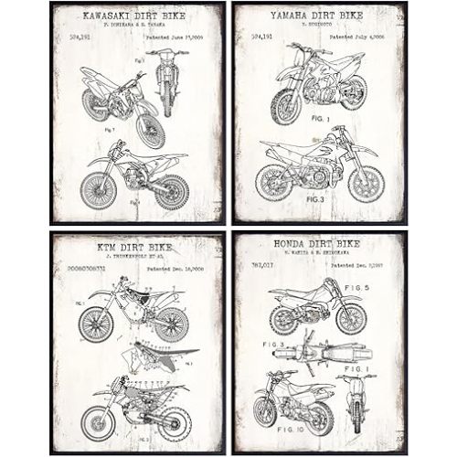 Motorcycle Patent Prints - 8x10 Dirt Bike Wall Art Poster Set - Vintage Rustic Home Decor for Man Cave, Boys, Kids, Teens Room, Office, Garage, Den - Gift for Dirtbike Fans - 8x10 Photo - Unframed