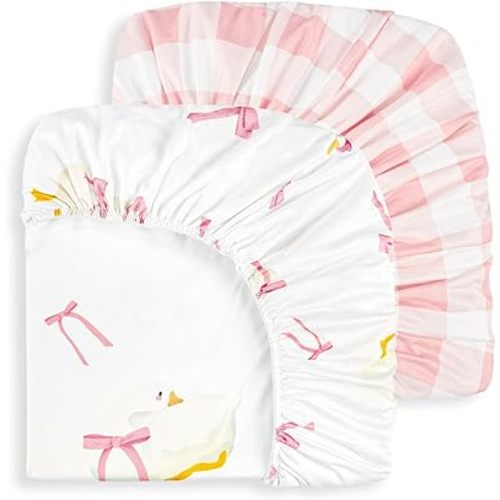 Baby Crib Sheets Girl 2 Pack, Pink Bow Toddler Bed Sheets, Extra Breathable, Soft, Stretchy Microfiber, 28"x 52" Fitted Sheet for Standard Crib & Toddler Mattress (Goose & Gingham)